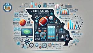 An oblong image showcasing the concept of Missouri’s Amendment 2, featuring elements of sports and online betting within a Missouri state outline. The