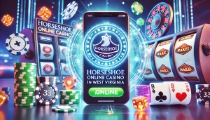 A cool, vibrant image for a post about Horseshoe Online Casino launching in West Virginia. The image features the iconic Horseshoe casino logo with el