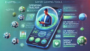 An oblong image designed for E-Lotto.com, illustrating the concept of safer gaming tools. The image should feature a modern and sleek design, showing